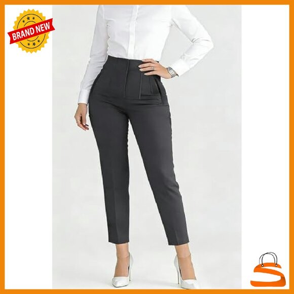 Stretchy High Waisted Pleated Straight Leg Dress Pants Work Casual Trousers - Picture 3 of 8
